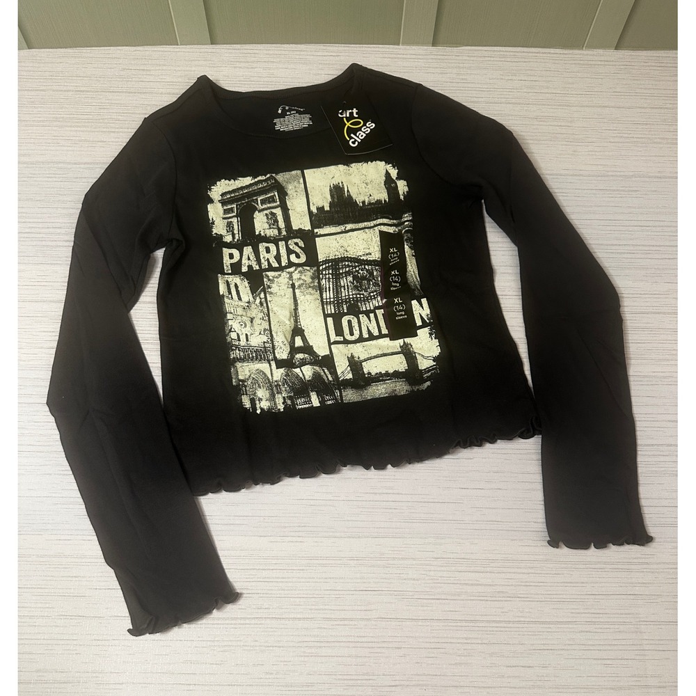 *NEW* Girls XL 14 Black Long Sleeve Paris London Graphic Tee Lettuce Edge